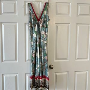 Very light and airy, floor length dress. Pretty print with red highlights.